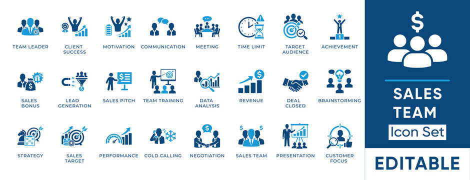 Sales team icon set. Containing business, marketing, lead generation, revenue, target audience, management and more. Solid vector icons collection.