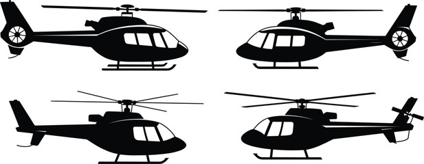 Helicopter silhouette set, black aviation transport icons isolated, military rescue chopper vector collection © Rimu