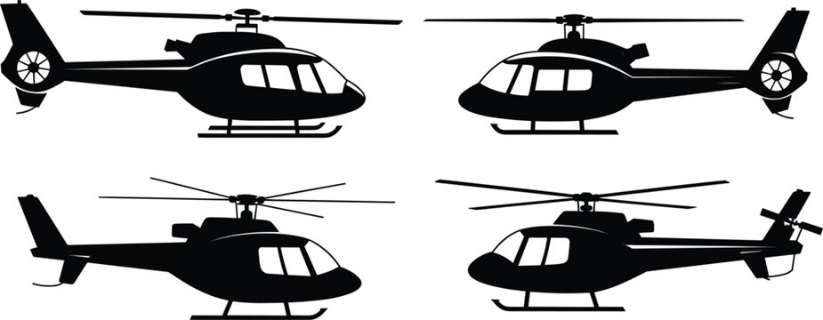 Helicopter silhouette set, black aviation transport icons isolated, military rescue chopper vector collection