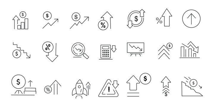 Financial increase and decrease arrow icons showing profit loss money flow and investment trends.
