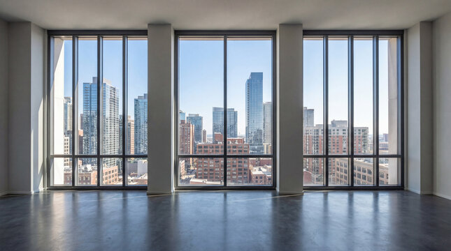 Spacious modern apartment with panoramic city skyline views through large windows