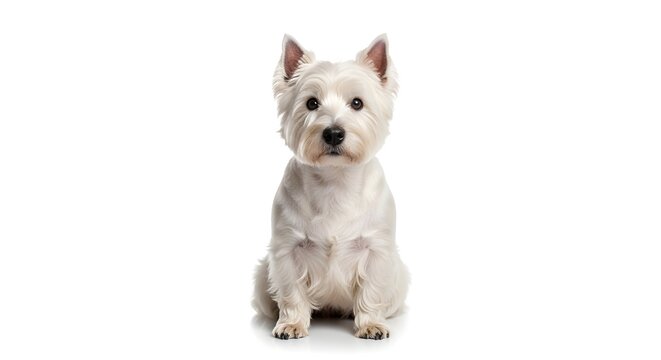 Close up portrait of West Highland White Terrier face isolated on white background realistic studio style pet image showing cute expression and clean minimal composition for animal concept use