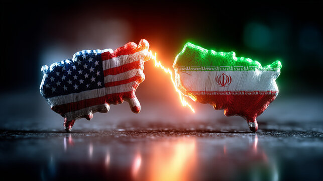 US vs Iran: Symbolic confrontation between the United States and Iran, represented through map-shaped symbols and a visual depiction of the tension between the two nations.