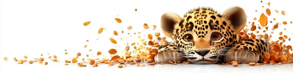 Obraz premium Adorable Cartoon Baby Jaguar Cub Peeking Banner with Orange Fall Elements
