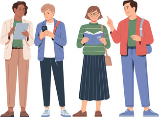 Obraz premium Diverse young people reading books and using smartphones vector illustration, modern students lifestyle characters set