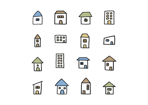 窓がある家やビルのシンプルでコンパクトな手描きのアイコンセット（ナチュラルな色合い）