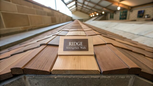 Contemporary Roof Ridge with Natural Wood Shingles and Sign Promoting Structural Benefits for Home Construction Projects