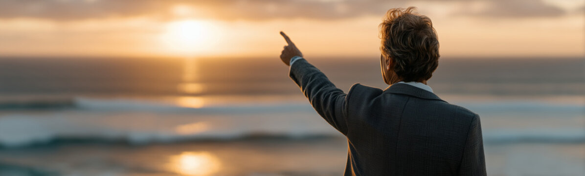 Horizon Gazer: A solitary individual, dressed in a professional attire, stands on a cliff, pointing toward a serene horizon painted by a magnificent sunset.