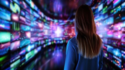 Obraz premium Young Woman Observing Vibrant Digital Screens in Abstract Technology Environment at Night