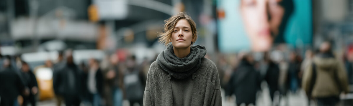 Inner Peace Amidst Urban Bustle: A woman finds a moment of serenity amidst the energetic crowd of a bustling cityscape, closing her eyes and seemingly detaching from the chaos that swirls around her.