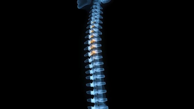 culpability. X-ray silhouette of a human spine with a subtle golden coil ascending within the vertebrae. STEM education sheets, lab safety posters, designed for biotech research communications.