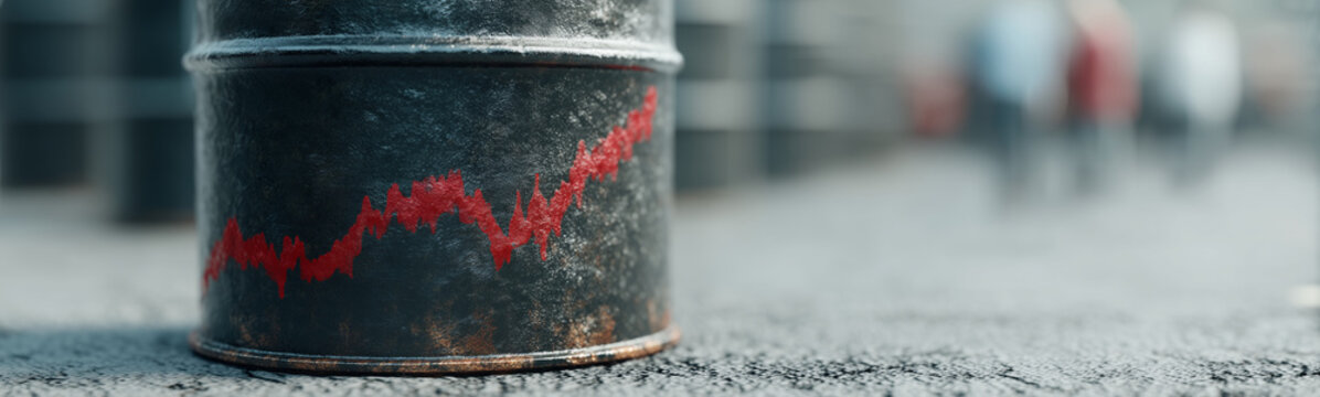 Price Volatility: A close-up shot of a weathered barrel emblazoned with a jagged red line, symbolizing market fluctuations, sitting on a concrete surface.