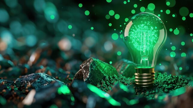 Bright Green Light Bulb Surrounded by Sparkling Stones Creating a Magic and Innovative Atmosphere