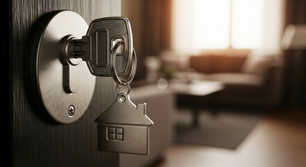 Naklejka premium Key and house shaped keychain insert in a door lock, opening into a modern living room interior, concept of new home