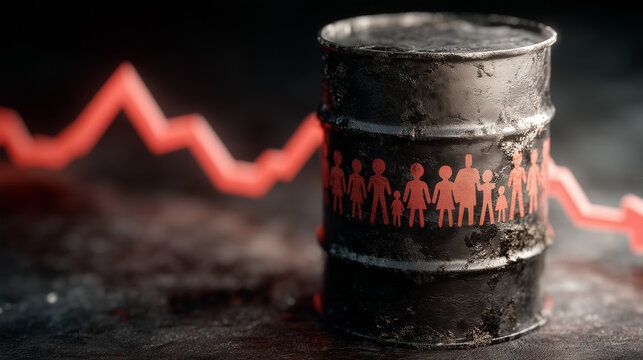 Oil Barrel Crisis: A stark visual representation of the oil industry's struggles. An oil barrel is overlaid with a downtrend graph and silhouettes, representing the economic impact on the population.