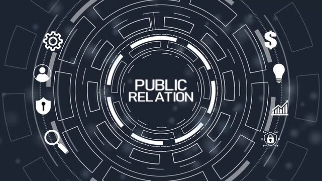 PR Public relations concept. Communication advertising marketing strategy.Circular hud interface,abstract blue technology network.4K Animation.