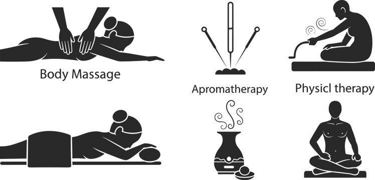 Professional wellness silhouette vector icon set featuring body massage, aromatherapy, physical therapy, and meditation practices for spa menu design, healthcare branding, and holistic treatment cente