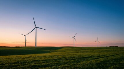 Fototapeta premium Wind turbines standing tall in a green field at sunset
