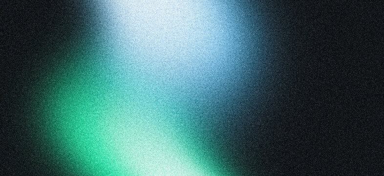Glowing grainy background, light blue green abstract noisy shape on black backdrop, dark vibrant noise texture header, banner, poster or wallpaper design
