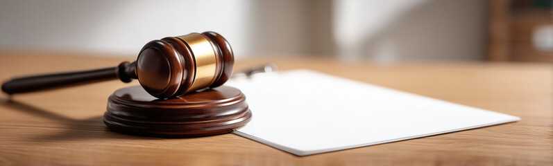 Obraz premium Justice Hammer: A wooden gavel rests on its block, positioned beside a blank legal document on a wooden desk, symbolizing the essence of law, order, and judgment.