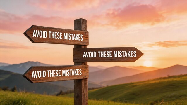 Wooden signpost with avoid these mistakes in mountain landscape