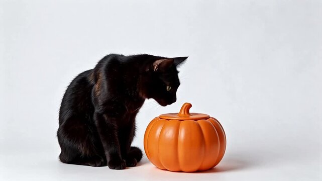 Black cat with orange pumpkin container