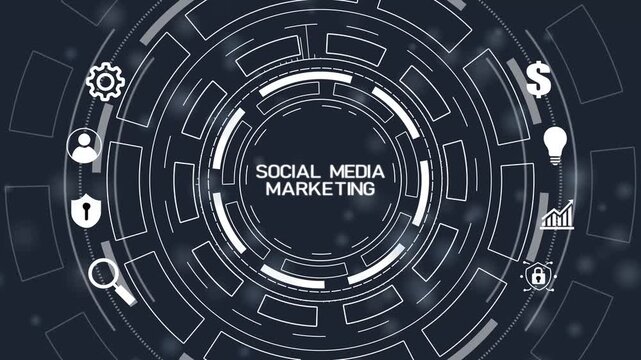 SMM Social Media Marketing.Business, Technology, Internet and network concept.Circular hud interface,abstract blue technology.4k Animation.