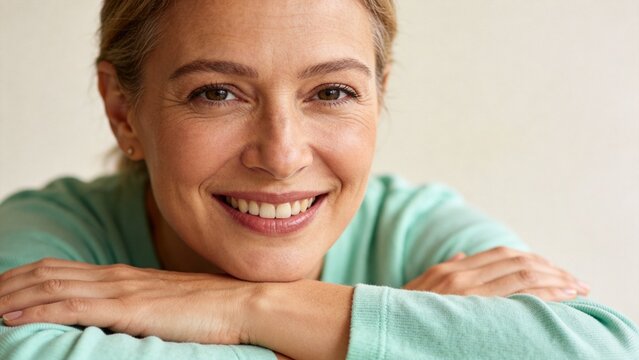 Smiling woman resting arms on surface