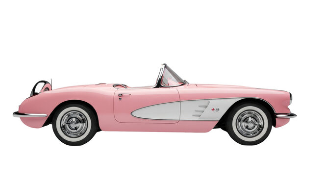 A pristine pastel pink 1950s chevrolet corvette c1 convertible with white coves, chrome, and whitewalls, shot in a high-end studio full side profile view. Classic american automotive concept