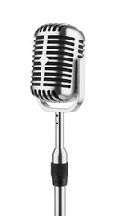Fototapeta premium A shiny chrome microphone on a stand isolated on transparent background