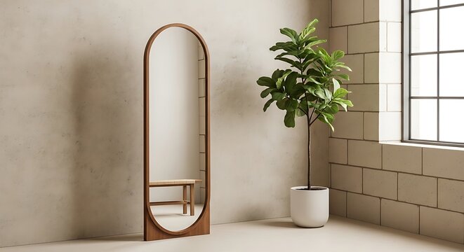 Elegant Full-Length Mirror with Wooden Frame and Decorative Plant in Modern Interior.