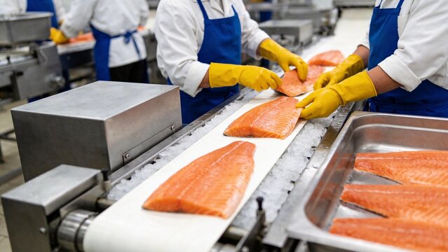 Salmon fillets on conveyor belt in processing plant