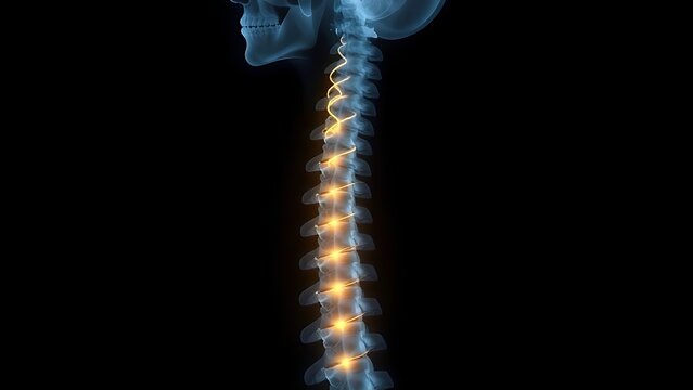 culpability. X-ray silhouette of a human spine with a subtle golden coil ascending within the vertebrae. STEM education sheets, lab safety posters, designed for biotech research communications.