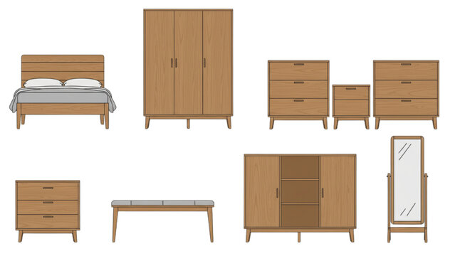 Collection of wooden bedroom furniture including bed, wardrobe, and dresser