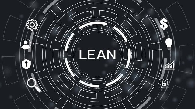 Lean, Six sigma, quality control and manufacturing process management concept on virtual screen.Circular hud interface,abstract blue technology network.4k.