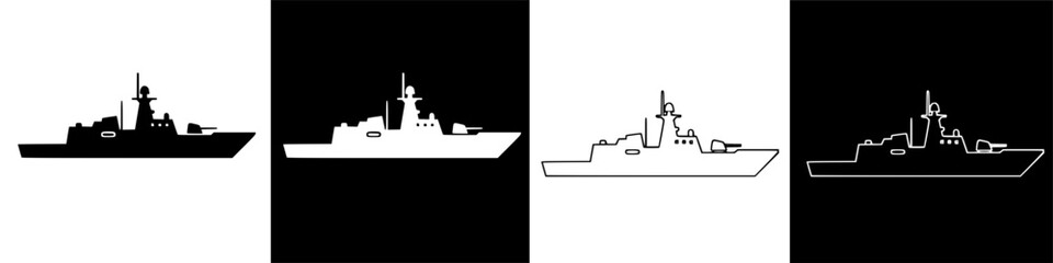 Set of four naval warship silhouette illustrations in different styles. © IamHydra13