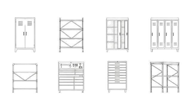 Various types of storage units and shelving systems with front view