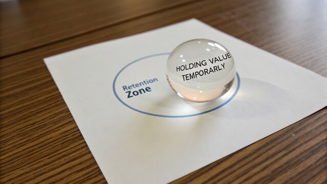 Glass Sphere Representing Temporary Value in Retention Zone Concept on a Wooden Table Surface with Paper Print