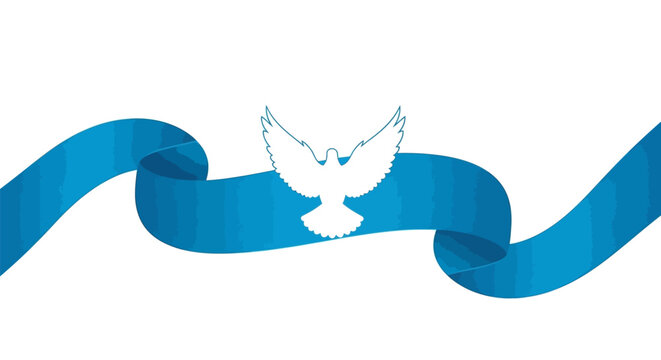 White Dove Flying with Blue Ribbon.
