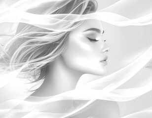 Fototapeta premium A serene woman's face surrounded by flowing white ribbons in a gentle, artistic portrait.