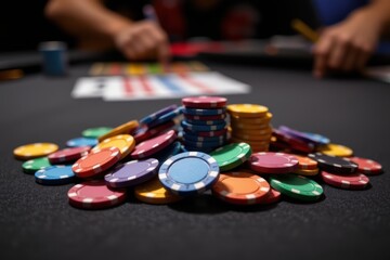 Fototapeta premium Colorful poker chips stacked and scattered on a black felt table during a game.