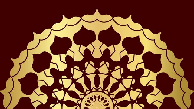 Half Circle Golden Mandala Ornament on Dark Red Maroon Background for Luxury Greeting Card Islamic Festival and Decorative Graphic Design