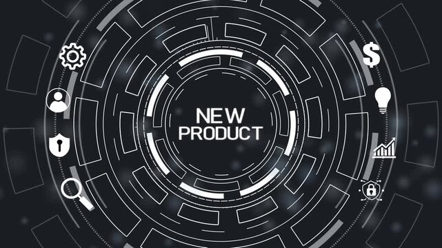 New Product Business Development Concept.Futuristic circular hud technology.4k Animation.