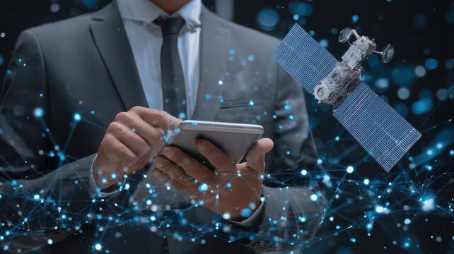 Businessman using tablet with hologram network and satellite for global communication concept.