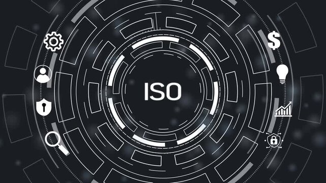 ISO Standard certification standardisation quality control concept on screen.Futuristic circular hud technology.4k Animation.