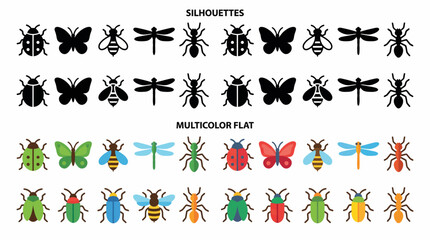 Obraz premium Collection of stylized insect silhouettes and colorful flat illustrations for design projects