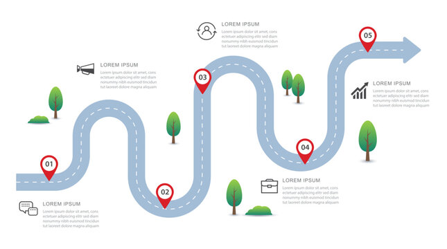 Business roadmap infographic timeline with 5 steps.