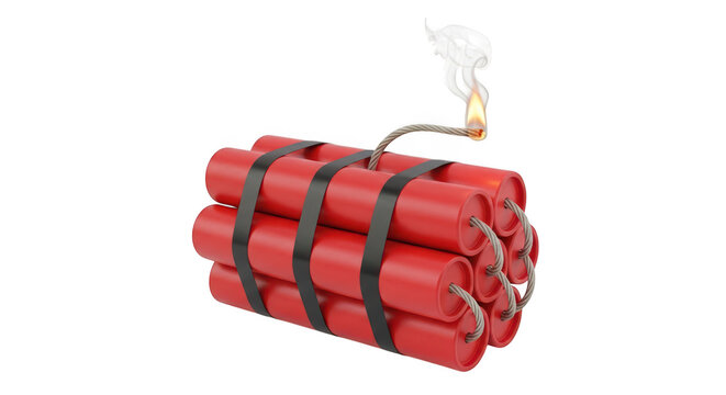 A bundle of dynamite sticks with a lit fuse