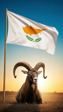 Cypriot national flag and wild mouflon ram in nature, Mediterranean wildlife heritage