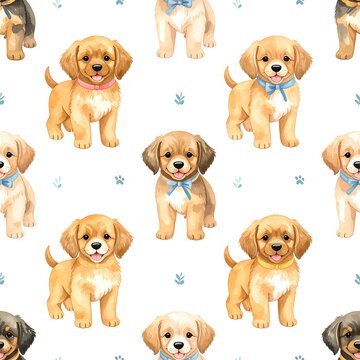 Adorable watercolor puppy pattern, featuring playful, cute dogs on a white background